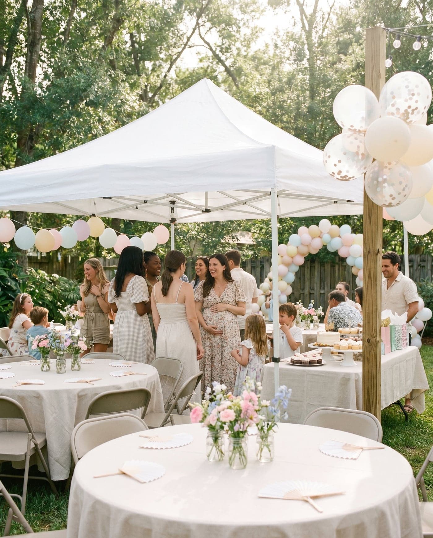 A casual daytime backyard baby shower and gender reveal with rented round tables, folding chairs, a shaded dessert table, and pastel balloons