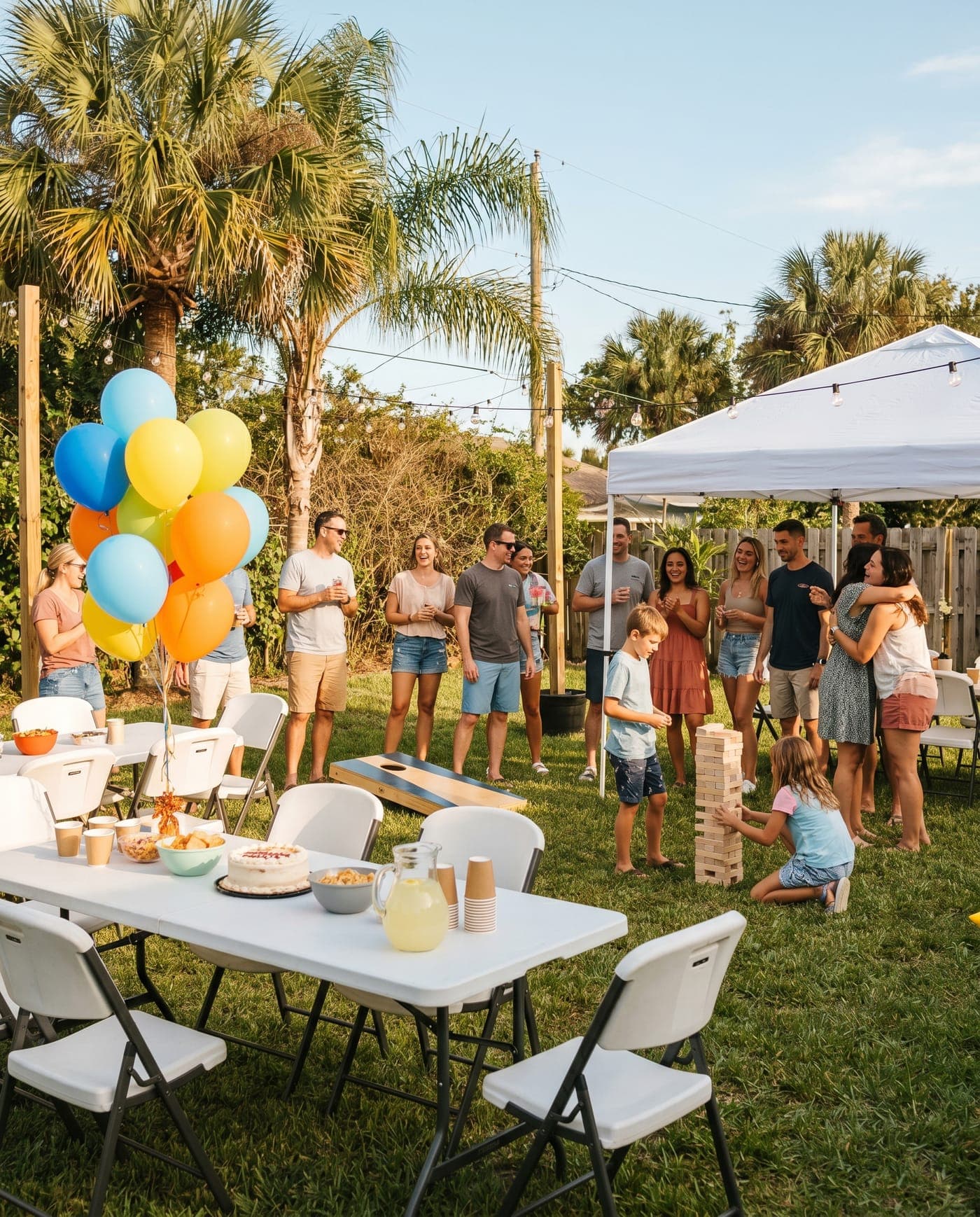 A casual backyard birthday party with rented tables, chairs, balloons, and yard games