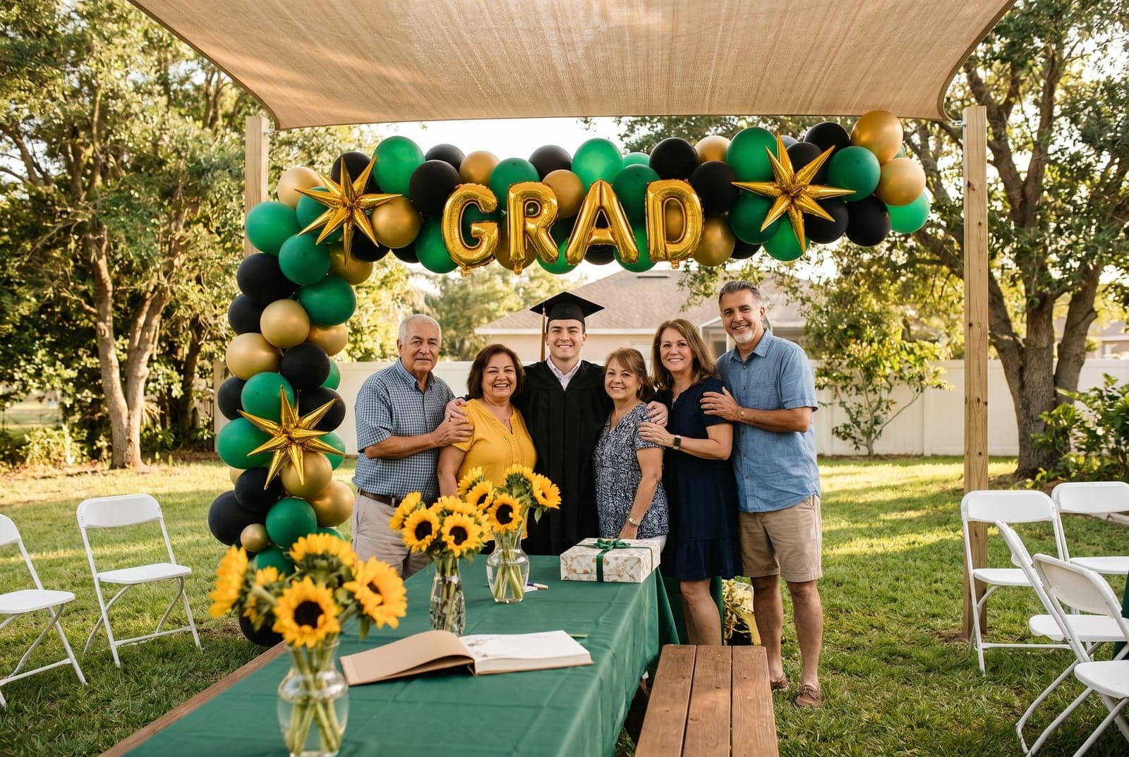 A casual backyard graduation open-house party with rented banquet tables, folding chairs, a shade canopy, and yard games