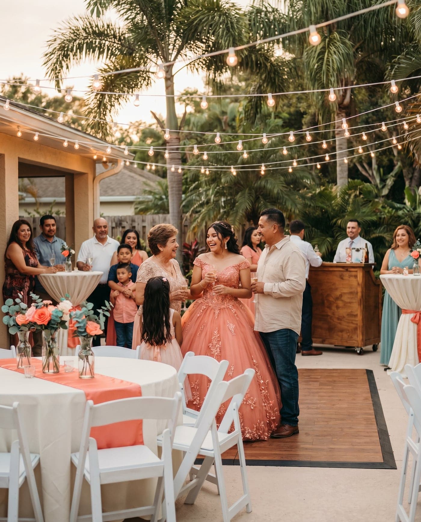 A festive backyard quinceañera with rented round dinner tables, folding chairs, cocktail highboys, a bar, and warm string lights
