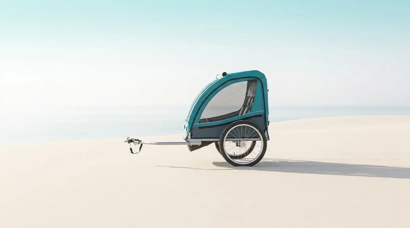 Tow-behind kids’ trailer on the sand